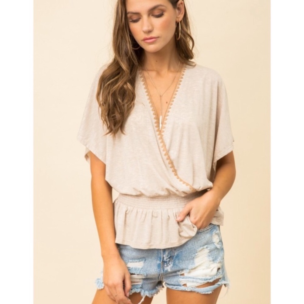 Hem & Thread Kimono Thread Detail Knit Top in Taupe Size Large - Picture 3 of 14